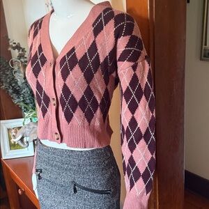 Argyle Button-Up Pink and Brown Sweater by Retrod  size Medium